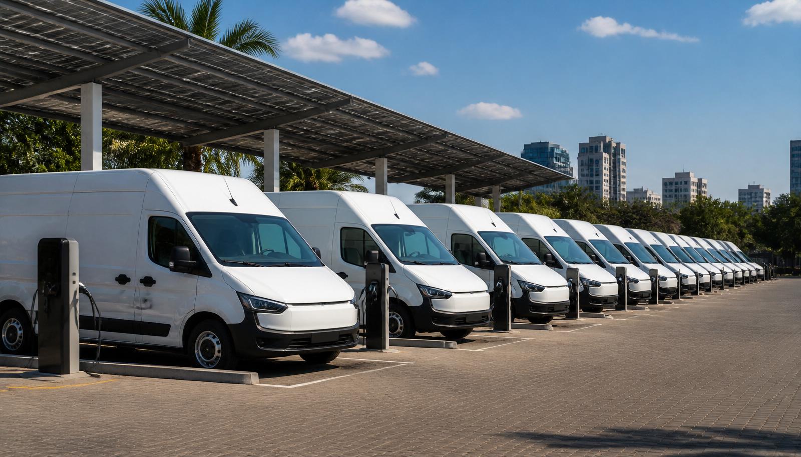 A fleet of commercial electric delivery vans charging under a solar canopy in Accra.