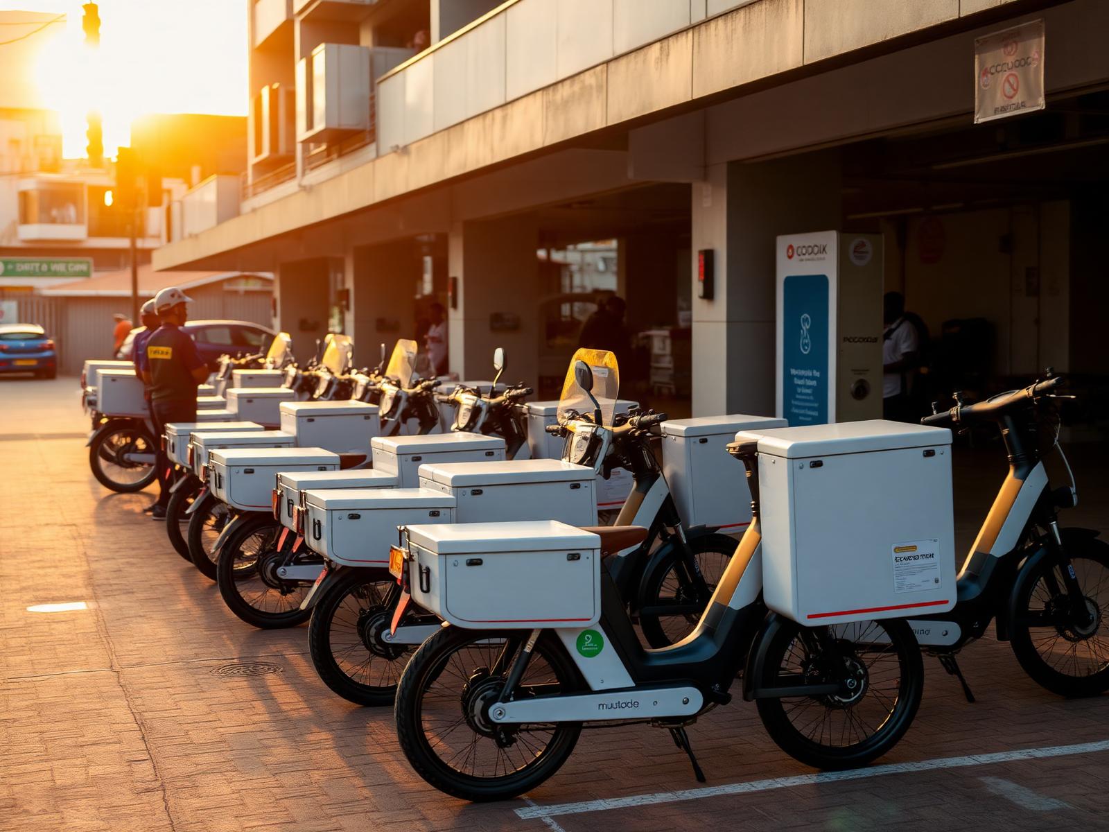 Commercial electric delivery e-bikes with cargo boxes charging at a ChargeGo hub in Accra.