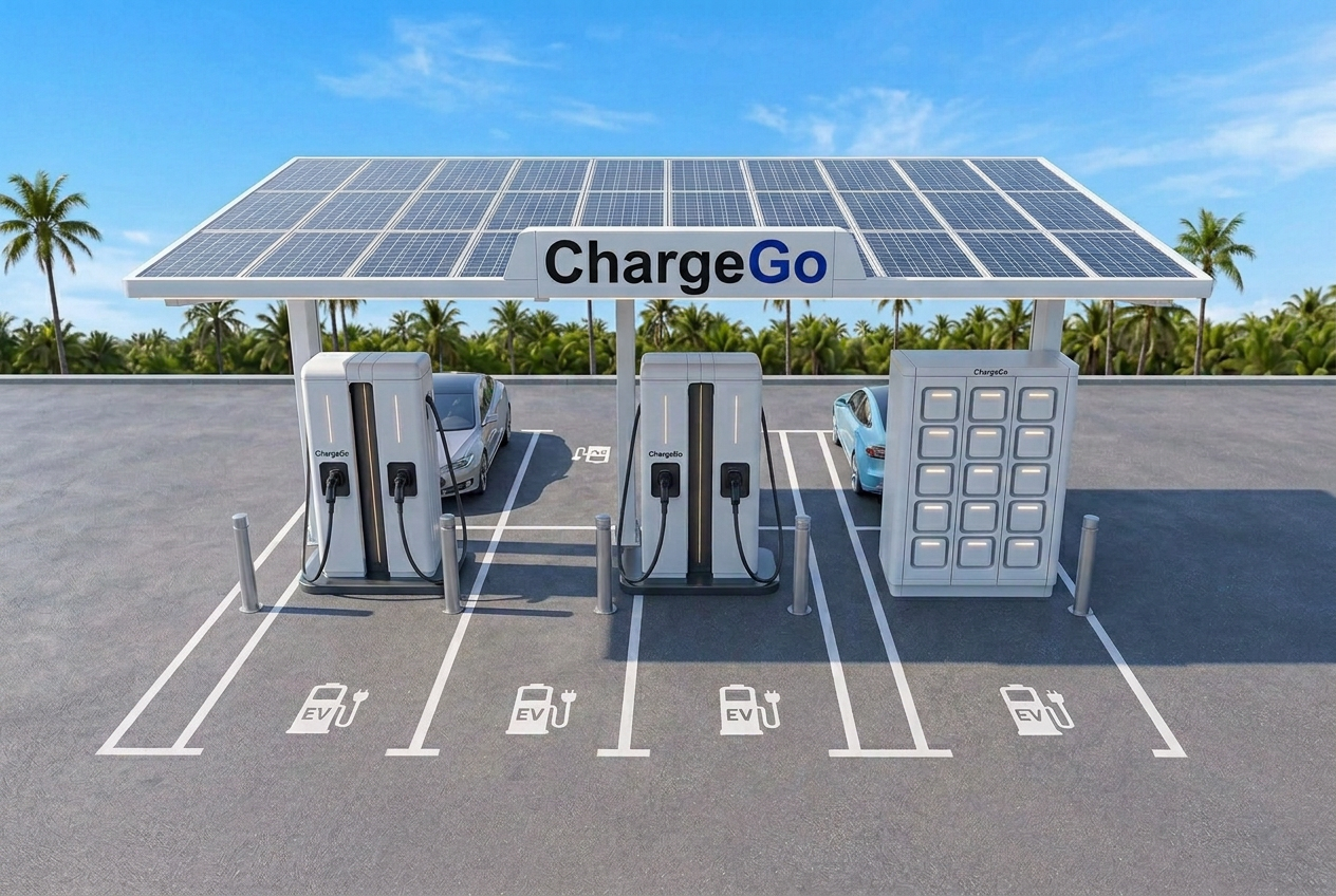 ChargeGo hub concept, a solar canopy over fast chargers at an existing forecourt at dusk.